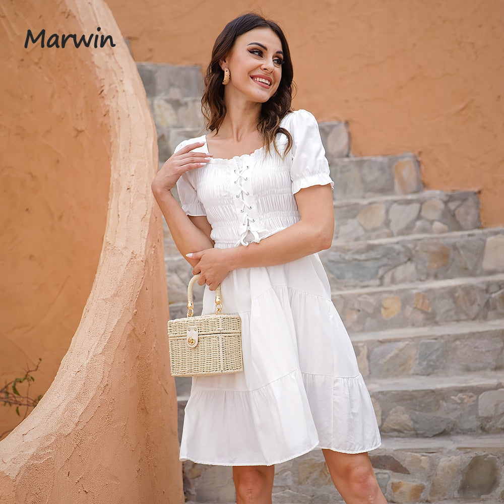 Christmas Gift Marwin Long Simple Casual Solid Draw String Puff Sleeve Holiday Style High Waist Fashion Knee-Length Summer Dresses NEW Vestidos