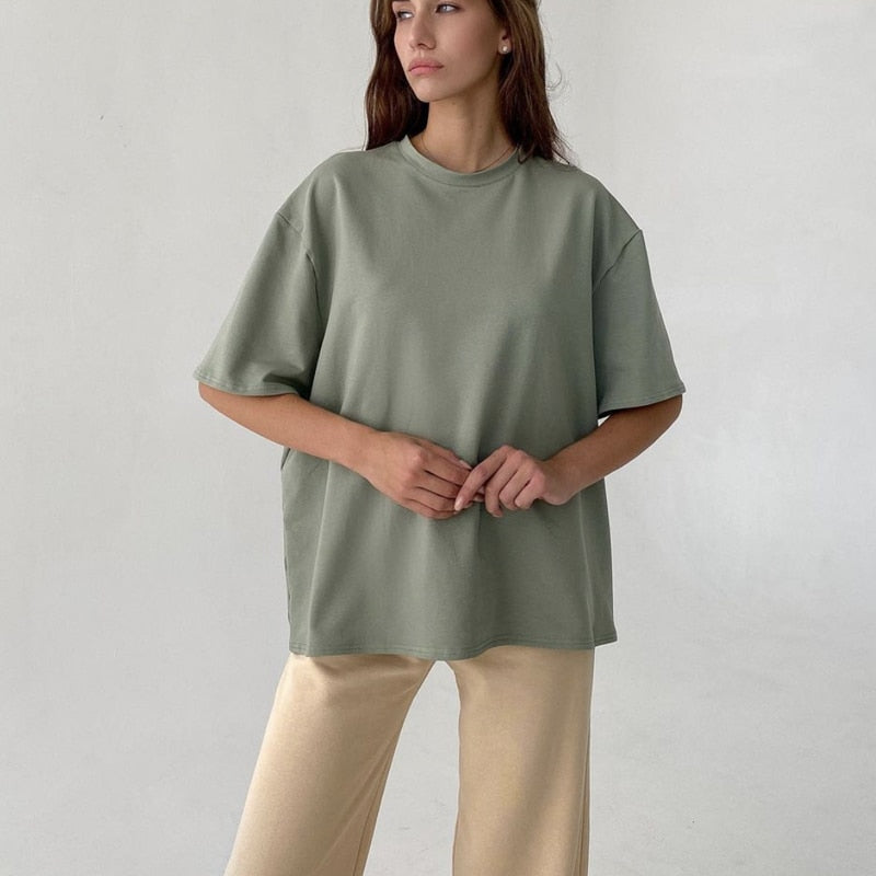 Christmas Gift Hirsionsan Basic Cotton T Shirt Women Summer New Oversized Solid Tees 7 Color Casual Loose Tshirt Korean O Neck Female Tops