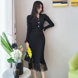 Christmas Gift Spring Autumn Black Sweater V-Neck Stitching Lace Elegant Long-Sleeved Knitted Top + Elastic Waist Skirt Suit