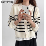 Christmas Gift BGTEEVER Autumn Winter V-neck Single-breasted Ladies Striped Sweaters Tops Full Sleeve Loose Female Knitted Cardigans 2021