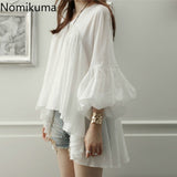 Kukombo Korean Style White Shirts Blusas V Neck Puff Sleeve Solid Color Irregular Chiffon Blouse Women Casual Loose Tops 3c973