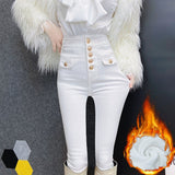 Kukombo  2022 White/Black Autumn Spring Women New Fashion Fake Pocket Gold Button Decoration High Waist Skinny Casual Pencil Pants