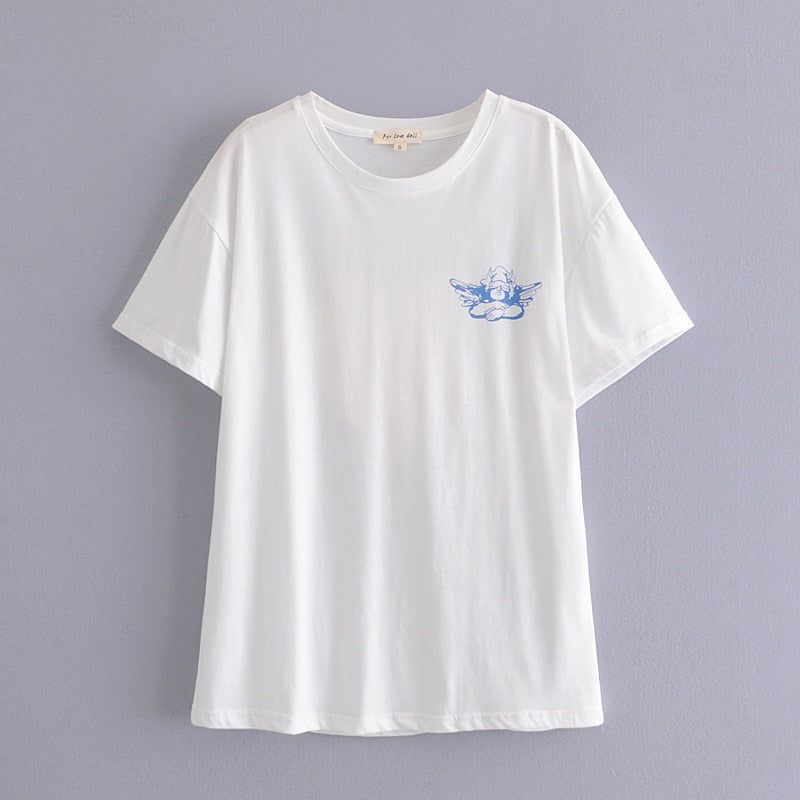 Kukombo Spring Summer Girls Loose White Cotton T-Shirt Cartoon Letter Printing Casual O-Neck Simple Tees