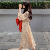 Christmas Gift BGTEEVER Vintage V-neck Buttons Lace-up Female Chiffon Dress Full Sleeve Midi Dress Elegant Casual Floral Print Women Dress 2021