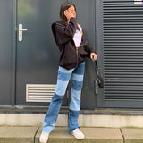 Kukombo Grey Patchwork Straight Mom Jeans Woman High Waist Pockets Boyfriend Classic Streetwear Black Pants Loose Denim