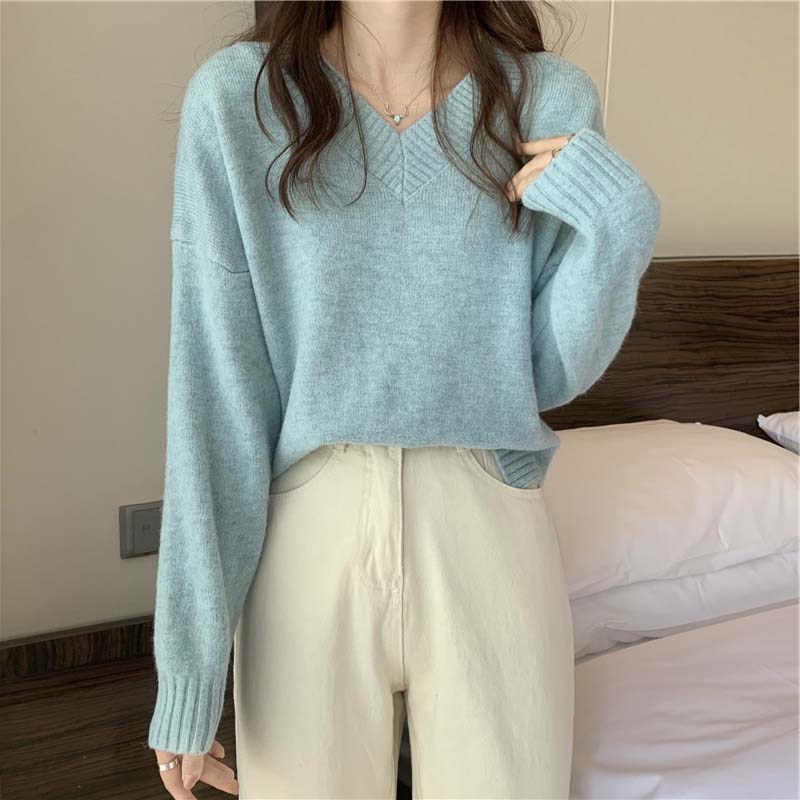 Kukombo Yitimoky Sweater Women Korean Style Autumn Winter Pullovers Loose Casual V-Neck Knitted Top Solid Long Sleeve Vintage Clothing