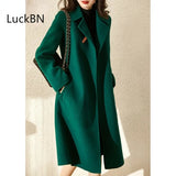 With Lining Winter Overcoat for Women Long Wool Blends New High-end Oversize Jacket Long-sleeve Green Woolen Coat Ladies Clothes