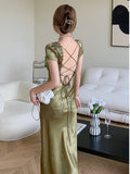 Kukombo Elegant Women Green Satin Backless Mixi Dress Palace Short Sleeve Lace V-Neck Bandage Vintage Bodycon Dress Robe Summer Vestidos