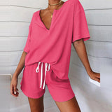 Christmas Gift Summer Fashion Women's Pajamas V-Neck Short Sleeve Tracksuit Print Splicing Sleepwear Set Nightwear Home Suit For Women Clothes