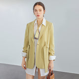 Kukombo Lady Belt Casual Black Blazer Women Solid Long Sleeve Oversized Blazer Yellow Jacket Female Elegant Business Coat