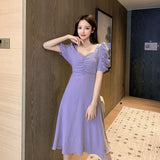 Christmas Gift Dress Women Fashion A-line High Waist Folds Slim Solid Summer Korean Style Party Elegant Retro Cute Puff Sleeve Sexy V-neck Chic