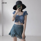 Kukombo High Waist Bikini Set Cute Women's Swimwear 2022 Sexy Draw String Ruffle Skirt Bathing Suit Two Piece Separates Swim Beach Wear