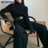 Christmas Gift BGTEEVER Vintage Women Solid Knitted Set 2021 Autumn Long Sleeve Pullovers & Elastic Waist Pants Ladies 2 Pieces Sweaters Set