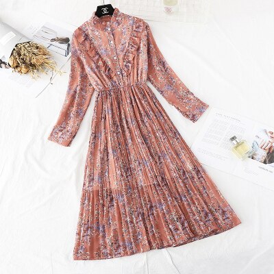 Christmas Gift 2021 Spring and Autumn New Style Floral-Print Chiffon Dress Women's French Vintage Base Dress Fairy Immortal Dress