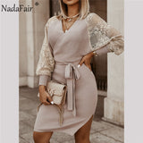 Nadafair V Neck Tunic Sweater Dress 2020 Mini Sexy Lace Parchwork Cut Autumn Winter Solid Knitted Elegant Party Dress Women