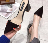 Kukombo Suede Pumps Summer Shoes Women Fashion Pointed High Heels New Muller Square Heel Slippers Women Slip-On Shallow Ladies Shoes
