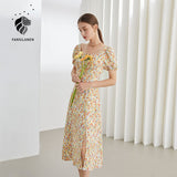 Christmas Gift FANSILANEN Office Lady French Floral A-line Dress Summer 2021 New Style Square Neck Blue Yellow Long Skirt Women Sweet Style