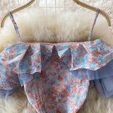Kukombo Summer Elegant Chiffon Floral Strap Dress women's Mesh Stitching Strapless Mixi Dress Holiday Ladies Vestidos 2022 Robe