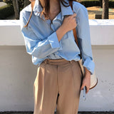 Kukombo Casual Loose Women Blouses Shirts Minimalist Single-breasted Female Blue Shirts 2022 Spring Summer Tops Oversized femme