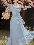 Kukombo Blue Gentle Romantic Fairy Dress Women Ruffled Square Collar Elegant High Waist Beaded Bow Sweet Cute Long Dress Summer 2022 New