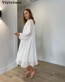 Christmas Gift Yiyiyouni Casual Sashes Dot Print Chiffon Dress Women Loose Waist Long Sleeve A Line Dress Women White Midi Vestidos Summer 2021