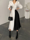 Kukombo Women Elegant Patchwork A-Line Midi Black White Dress OL Pleated Long Sleeve Spring Autumn Vestidos Female Fashion Clothes
