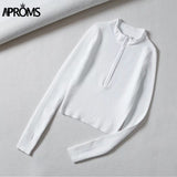 Christmas Gift Aproms Elegant High Neck Zipper Front Knitted Sweater Women Solid Basic Cropped Pullover Winter Spring Fashion Clothing Top 2021