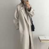 Christmas Gift Women Elegant Long Wool Coat With Belt Solid Color Long Sleeve Chic Outerwear Ladies Drop Shoulder Overcoat 2021