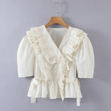 Kukombo Women Tiered Ruffles Crop Top Blouse 2023 Summer Loose Beige Sweet Slim Short Shirt Drawstring Peplum Top