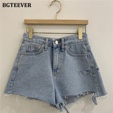 Christmas Gift BGTEEVER Summer Fashion High Waist A-line Women Denim Shorts Ladies Chic Ripped Holes Tassels Jeans Shorts Female Streetwear