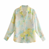 Kukombo Tie-dyed Satin Oversized Blouse Shirts Women Casual Long Sleeve Button Up Spring Autumn Tops Streetwear Blusa Mujer 2022