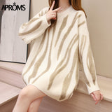 Kukombo Aproms Korean Fashion Khaki Stripes Print Loose Sweaters Women Winter Hip-Pop Oversized Long Pullovers Streetwear Outerwear 2022 K23