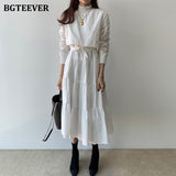 Christmas Gift BGTEEVER Stand Collar Long Sleeve Women Tiered Dresses Summer Spring Lace-up A-line Solid Vestidos Femme Casual Midi Dresses