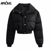 Christmas Gift Aproms Elegant Solid Color Cropped Puffer Jackets Women Winter Cotton Padded Soft Warm Coats Female High Fashion Outerwear 2021