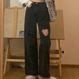 Kukombo  2022 streetwear Heart shaped hole  jeans for women high waist mom jeans vintage Black denim pants Full Length trouser Harajuku