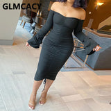 Kukombo Women Flare Sleeve Off Shoulder Bodycon Dress