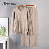 Christmas Gift Hirsionsan V Neck Thicken Cashmere Knitted Sets Women 2021 Winter Warm Casual Two Pieces Plait Sweater and Pants Loose Tracksuit