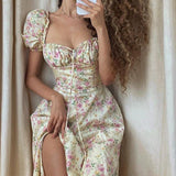 Kukombo Vintage Prairie Chic Floral Dress Women 2022 Fashion Beach Slim Short Puff Sleeve Square Collar Drawstring Split Dresses