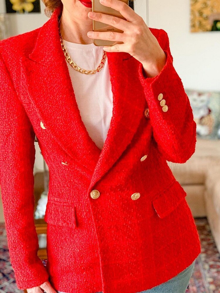 Christmas Gift Elegant Red Double Breasted Tweed Jacket Women 2021 Fashion Pockets Turn-down Collar Coats Female Chic Outerwear