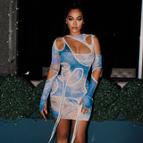 Cyber Monday Sales Sexy Tie Dye Irregular Cut Out Long Sleeve Bodycon Dresses For Women Hollow Out Club Outfits Party Clubwear Mini Dresses