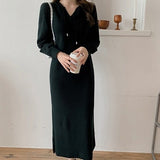 Kukombo New 2022 Autumn Winter Women Dresses V-Neck Hooded Korean Knitting Oversize Elegant Vintage Lady Long Dresses DR6022