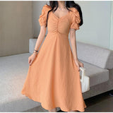 Christmas Gift Dress Women Fashion A-line High Waist Folds Slim Solid Summer Korean Style Party Elegant Retro Cute Puff Sleeve Sexy V-neck Chic