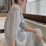Kukombo  Summer French Retro Dress Women Elegant Puff Sleeve Korean Dress Female Office Lady Casual V-neck Chiffon Fairy Dress 2022 New