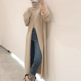 Christmas Gift Korean Knitted Sweater Spring and Autumn Style High Neck Loose Fork Over the Knee Thin and Long Sweater, Bottomed Sweater
