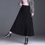Kukombo Winter Thick Warm Women Pleated Skirt Lurex High Waist Knitted Sweater Skirts Korean Autumn Long A Line Midi Skirt Black Gray