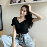 Kukombo Blouses Shirts Women V-Neck Summer Puff Sleeve Chic Korean Style Crop Top Pleated Lace-Up Sweet Slender All-Match Ins Womens New