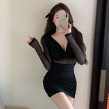 Kukombo Sexy Black Mesh Party Christmas Dress Transparent Elegant Bandage Bodycon Pencil Dress Women Pleated Mini Dress Female Vintage