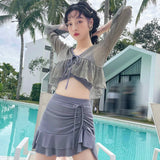 Kukombo 3 Piece Bikini Set Korean 2024 Cute Swimsuit Women Underwire Ruffle A-Line Skirt High Waist Bikini Cover Up See Through Bikinis