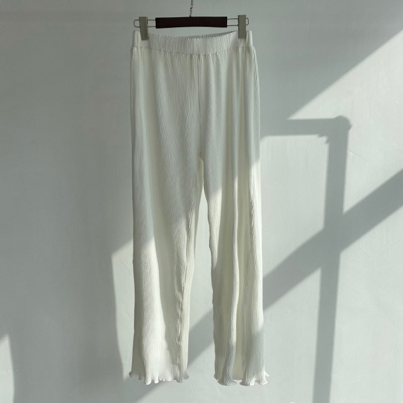 Kukombo Pant Suits Women 2022 White Long Sleeve Shirt Elastic Waist Wide Leg Pants Pajamas Mujer 2 Piece Set Casual Outfit