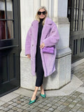 Kukombo Autumn Winter Women Fashion Chic Purple Teddy Coat Female Buttons Pockets Lapel Collar Warm Outerwear Girls Casual Streetwear